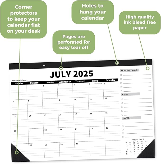 Sproutbrite 18 Month Desk Calendar 17" x 11.5" Medium Size Desktop Monthly Planner with To-Do List and Notes, Home, Office School Desk Calendar (July 1 PACK)-DeskLoop Office