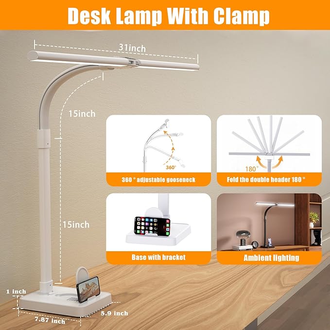 Led Desk Lamp for Home Office,24W Bright Eye-Caring Desk Light with Base,5 Brightness and 5 temperatures Dimmable Workbench Task Light, Adjustable Gooseneck Table Lamp for Monitor(White)-DeskLoop Office