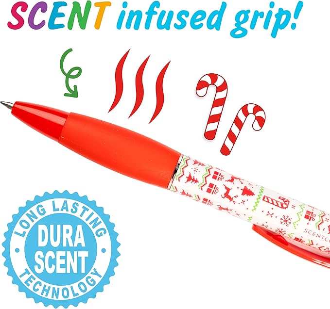 Holiday Smens - Candy Cane Scented Black Gel Ink Pens 6 Count, Stocking Stuffer Gifts for Kids School Supplies Party Favors Classroom Reward