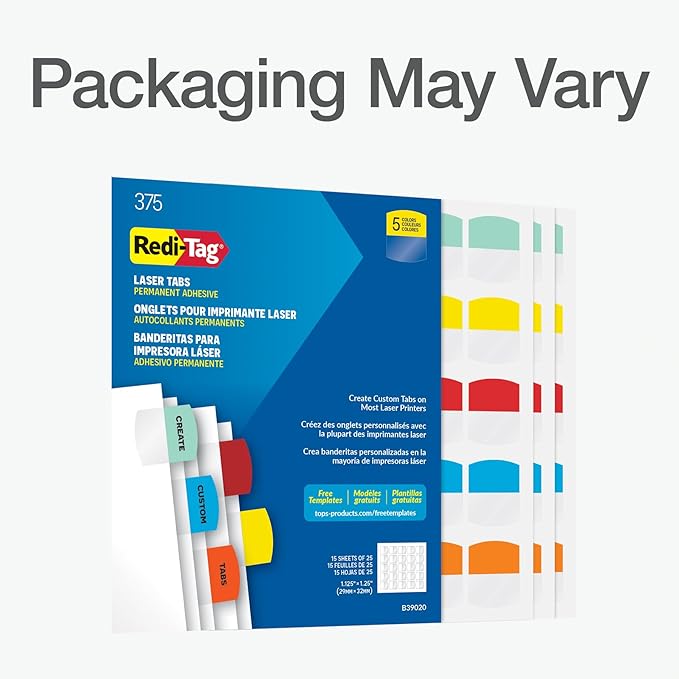 Redi-Tag Laser Printable Tabs, Permanent Index Tabs, Customizable Adhesive Labels, 5 Assorted Colors: Yellow, Red, Blue, Green, Orange, 1.125" x 1.25", 375 Per Pack (B39020)-DeskLoop Office