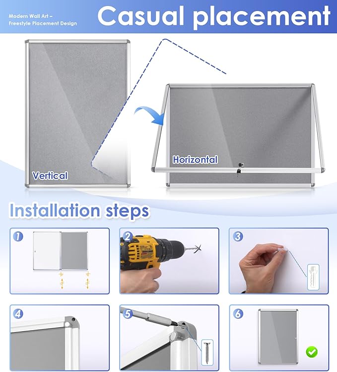 SWANCROWN Enclosed Bulletin Board 36x24 in, Tamperproof Lockable Grey Felt Board Wall Display Case for Office School Home, Aluminum Frame-DeskLoop Office