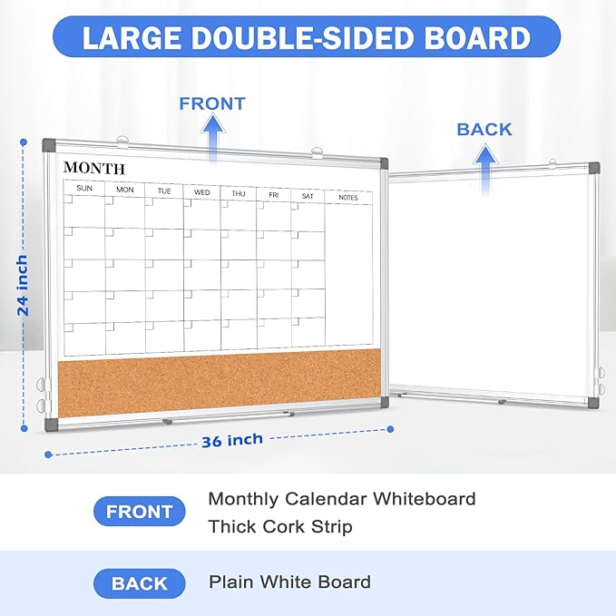 Monthly Calendar Whiteboard Dry Erase Cork Board Combo for Wall, 36" x 24" Magnetic Double-Sided Calendar White Board and Bulletin Board, Portable Board for Office, Kitchen, School, Home-DeskLoop Office