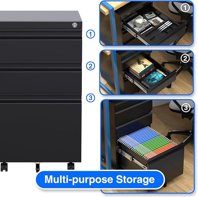 3 Drawer Steel Mobile File Cabinet with Lock for Legal/Letter/A4 Folders, 23.6''H Rolling File Cabinet for Home, Office, Fully Assembled Except Wheels, Black-DeskLoop Office