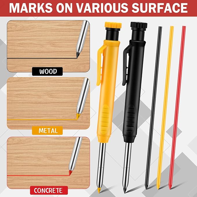 8 pack 2.8mm Mechanical Carpenter Pencils with 48 Refills, Construction Pencils with Built-in Sharpener, Long Nib Deep Hole Marker, Heavy Duty Woodworking Tools (Black+yellow)-DeskLoop Office