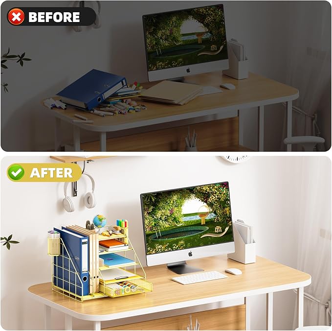 Marbrasse Desk Organizer with File Holder, 5-Tier Desk Organizer and Accessories with Drawer and 2 Pen Holders, Mesh Paper Letter Tray, Desktop Storage for Office Supplies (Gold)-DeskLoop Office