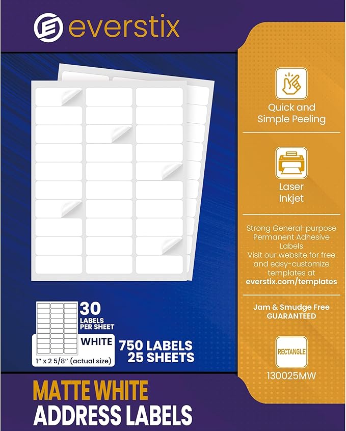 1" x 2-5/8", 25 Sheets, 750 Mailing Address Labels, White Sticker Labels for Laser & Inkjet Printers, Permanent Adhesive-DeskLoop Office