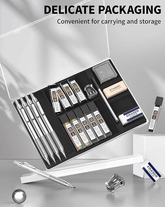 21PCS Metal Mechanical Pencil Set, Art Lead Pencil 0.3, 0.5, 0.7, 0.9, 2mm Holder(HB 2H 2B 4B Color) with 10 Tubes Graphite Lead Refills Eraser with Case for Drafting Drawing Sketching-DeskLoop Office
