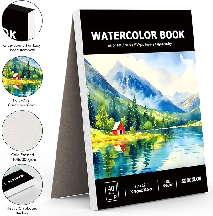 Soucolor Watercolor Paper Pad, 9"x12" Water Color Paper, 140lb/300gsm 40 Sheets Artist Painting Drawing Paper Book, Art Supplies for Adults Kids, Watercolor Paint Set, Sketchbook, Journal, Notebook-DeskLoop Office