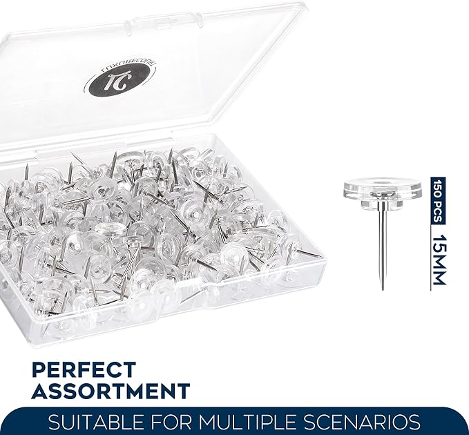 150 Pack Clear Push Pins Tacks by Luxurecourt, Flat Head Thumbtacks for Bulletin Board, Wall Hanging, Cork Board, Shadow Box, Heavy Duty Plastic Head with Steel Point in Reusable Storage Box.-DeskLoop Office