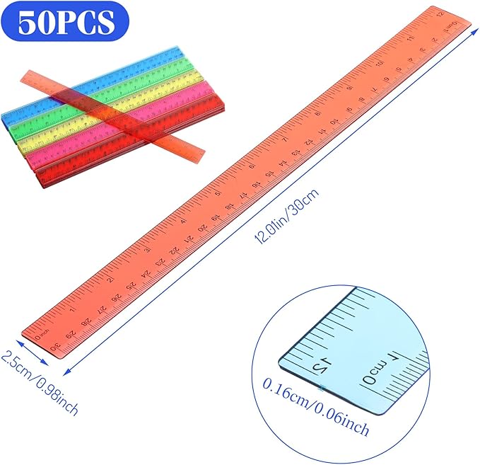 Zonon 50 Pcs 6 Inch/12 Inch Plastic Rulers Bulk Flexible Straight Rulers with Inches Centimeters First Day of School Gift Students Back to School Office Home Supplies(Clear Colorful,12 Inch)-DeskLoop Office