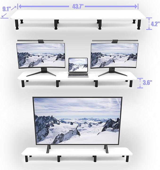 Dual Monitor Stand Riser 43.7 inch Large Extra Long Monitor Stand Riser Wide TV Stand Riser Monitor Stand for 2 Monitors Wood & Steel Leg Desktop Riser Desk Organization Home Office (White)-DeskLoop Office