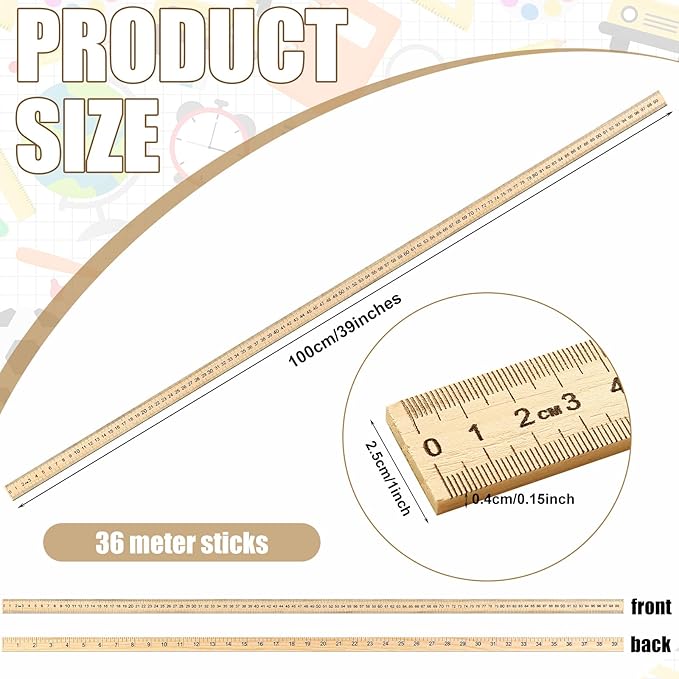Treela 36 Pack 39 Inches Meter Stick Wood Ruler Economy Yard Stick Double Sided Heavy Duty Thick Meter for School Classroom Home Office Kids Clothing Measuring-DeskLoop Office
