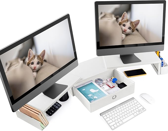 Dual Monitor Stand Riser w/ Drawer & Metal Leg, Large White Computer Monitor Riser w/ Storage For 2 Screens, Desk Shelf w/ Adjustable Length & Angle, Desktop Organizer-DeskLoop Office
