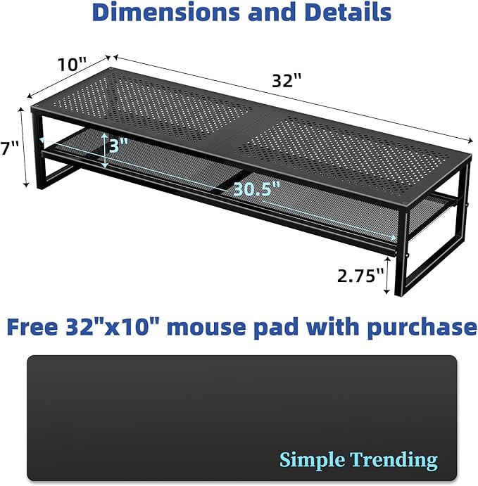 Simple Trending 2 Tier Metal Dual Monitor Stand Riser,Computer Office Desktop Organizer for 2 Monitors With 32"x10" Mouse Pad ,for Laptop,Printer,TV,Black-DeskLoop Office