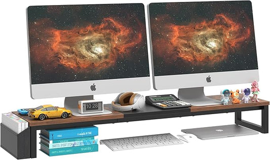 LAND·VOI Dual Monitor Stand Riser,41.5'' Long Monitor Stand for 2 Monitors, Wood Computer Riser with Pocket, Desktop Oraganizer with Pen Holder, Monitor Riser for Desk Computer,Laptop,TV, Rustic Brown-DeskLoop Office