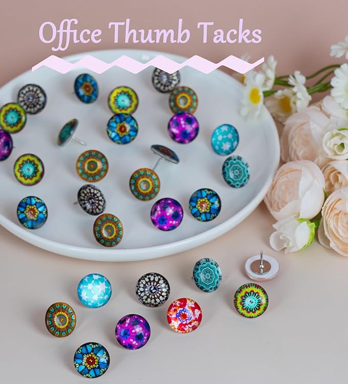 24Pcs Mandala Push Pins,Thumb Tacks for Bulletin Board,Decorative Pins Push, Cork Board Thumbtacks,Photos Wall Maps,Cute Thumbtack for Desk Accessories,Classroom,Home and Office Decor(Mandala)-DeskLoop Office