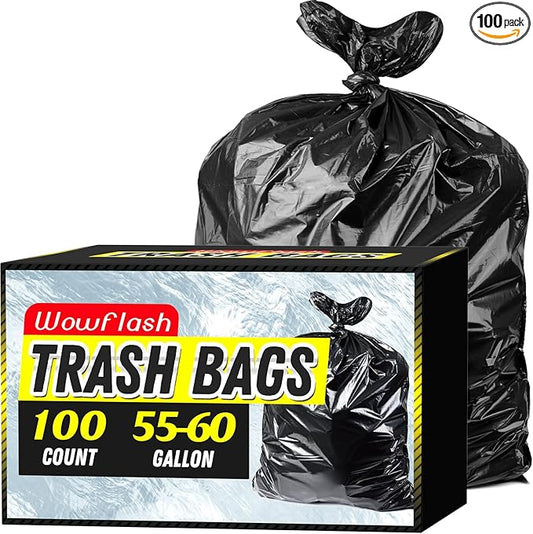 100 Count 55-60 Gallon Trash Bags, Sturdy & Tear-Resistant Commercial Can Liners 55 Gallon, Large Garbage Bags, Large Black Trash Bags for Commercial, Lawn and Leaf Bags-DeskLoop Office