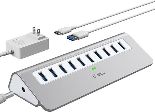 Powered USB Hub, intpw 10 Port USB 3.1 Hub with 10Gbps Data Transfer, 36W(12V/3A) Power Adapter, USB Type A and Type C Cable, Aluminum USB Hub for Laptop, MacBook and Desktop Computer-DeskLoop Office
