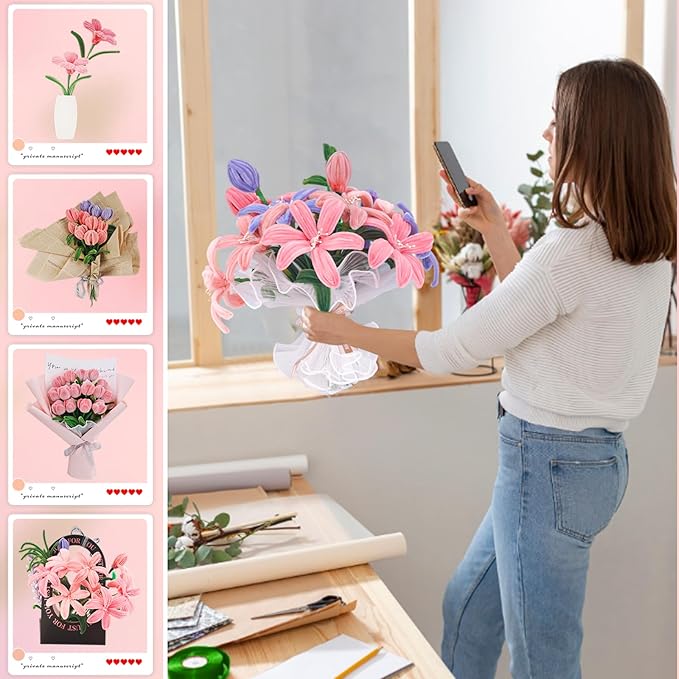 500 PCS Pipe Cleaners Craft Kit for Flower Making Lily DIY Material Bundle with 20 Stems, 100 Stamens, Ribbon, Tulle, Glue Sticks & Step-by-Step Guide Vibrant Colors, Non-Shedding, Fade-Resistant-DeskLoop Office