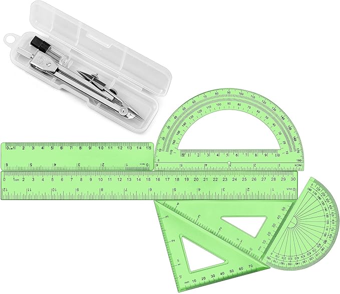 Zonon 1 Set Plastic Geometry Math Set Includes Drawing Compass, 6 Inch 4 Inch Protractor, 45/60 Degree Triangle Rulers 12 Inch 6 Inch Math Ruler Transparent for Office Supplies(Green)-DeskLoop Office