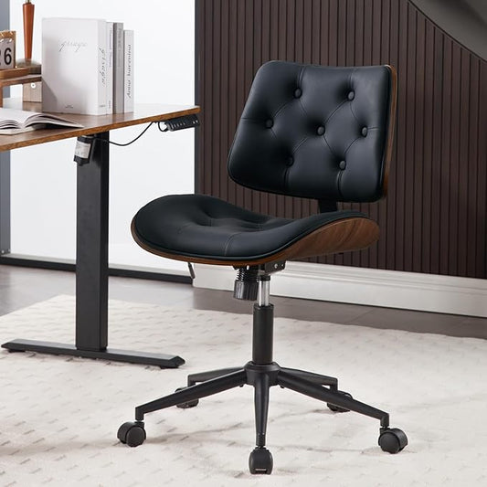 Armless Home Office Chair with Wheels, PU Leather Adjustable Height Computer Desk Chair, 360 Swivel Small No Arms Chair, Modern Button Walnut Style for Office, Reading Meeting Room(Black)-DeskLoop Office