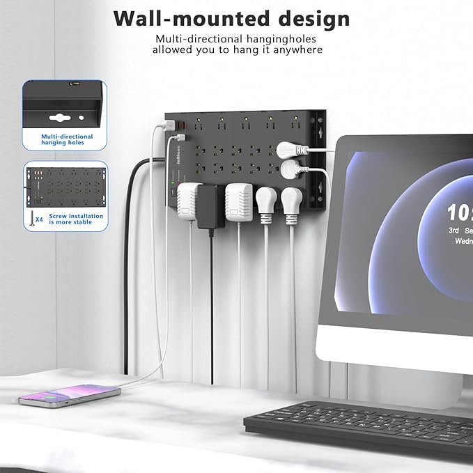 22 Outlets & 6 USB Big Power Strip, Jcblaon Surge Protector with 3USB C & 3USB A Charging Ports, 6.5ft Flat Plug Heavy Duty Extension Cord(1875W/15A),2100J, 14AWG,Wall Mountable for Garden,Shed, Black-DeskLoop Office