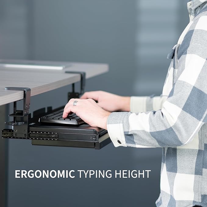 VIVO Large Height Adjustable Clamp-on Keyboard Tray, Extra Sturdy Pull Out Platform with Storage Drawer, 27 (33 Including Clamps) x 11 inch Slide-Out Tray with Organizer, Black, MOUNT-KB05HB-DR-DeskLoop Office