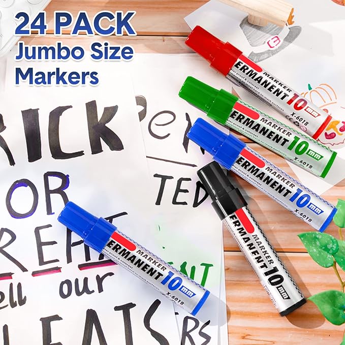 Thenshop 24 Pack Jumbo Size Permanent Markers Bulk Permanent Marker Set Chisel Tip Pens Waterproof for Industrial Use Work on Wood Metal Plastic Stone Glass(Black, Blue, Red and Green)-DeskLoop Office