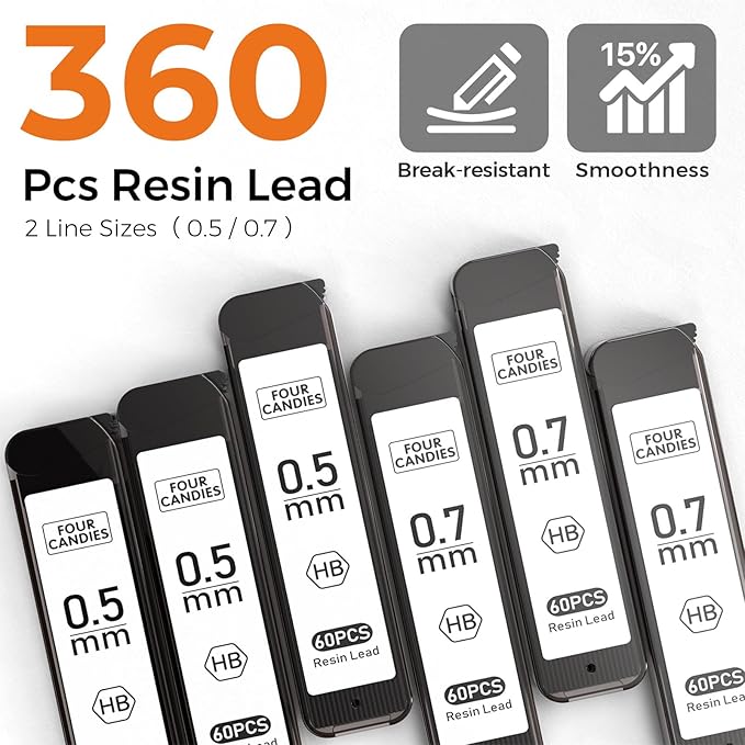 Four Candies 2PCS Metal Mechanical Pencils Set with Case, 0.5mm & 0.7 mm Artist Pencil with 6 Tubes (360PCS) HB Lead Refills, 3 Erasers,9 Eraser Refills For Writing Drafting, Drawing, Black-DeskLoop Office