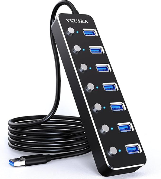 USB Hub, VKUSRA 7 Port USB Hub 3.0 with 4ft USB Long Cable, and Aluminum USB 3.0 Hub with Individual On/Off Switch and LED Indicator, USB Splitter for Laptop & PC, Power Adapter Not Included-DeskLoop Office