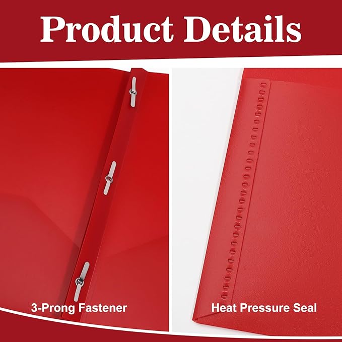 12-Pack Plastic Folders with Pockets and Prongs,2-Pocket Folders with 3 Fasteners, Poly Folders Holds 8-1/2" x 11" Paper for School/Office/Home, Red