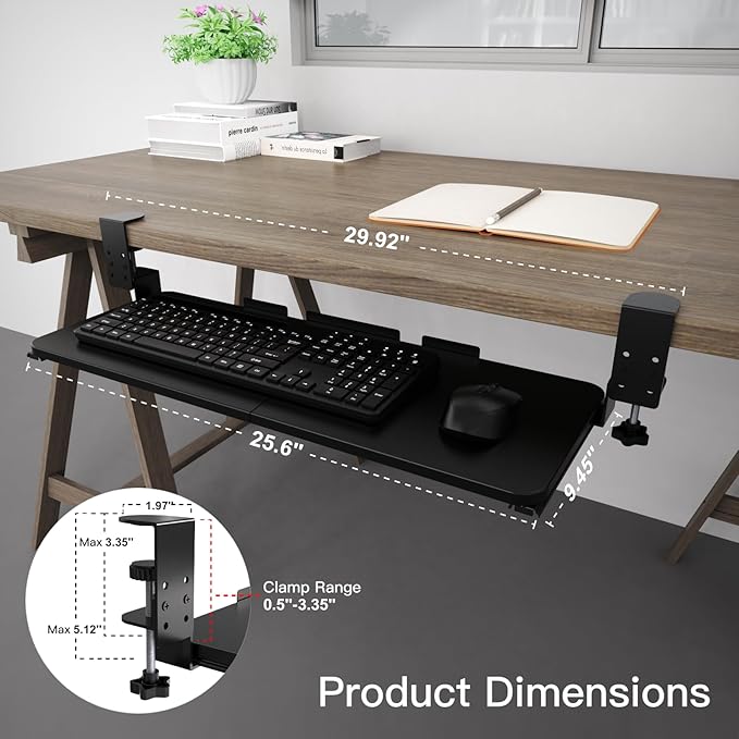 Ergonomic Keyboard Tray Under Desk Pull Out with Adjustable C-Clamp Mount, Slide-Out Computer Keyboard and Mouse Platform Drawer for Office and Home Typing (Black)-DeskLoop Office