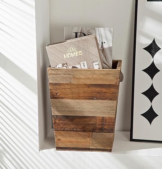Small Wood Trash Can, Farmhouse Rectangular Garbage Can Waste Basket, Rustic Distressed Reclaimed Wood Wastebasket, Vintage Wooden Trash Recycling Bin Storage Basket with Metal Handles (Natural)-DeskLoop Office