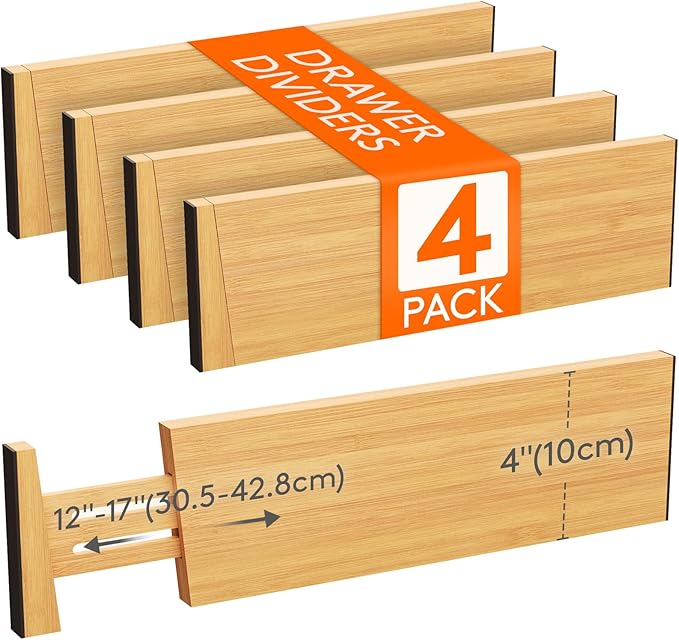 Lifewit 4 Pack Drawer Dividers Bamboo 4" High, 12-17" Adjustable Drawer Organizers for Clothes, Expandable Dresser Separators in Bedroom/Bathroom/Kitchen/Fridge/Office Organization and Storage-DeskLoop Office