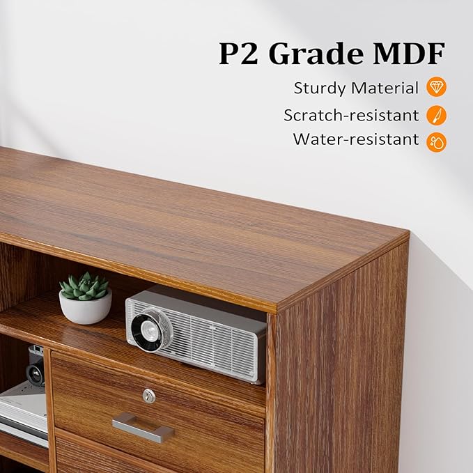 VINGLI Wide 4 Drawer Lockable Rolling File Cabinet with Open Shelves - Walnut Wood Lateral File Cabinet Printer Stand for Home Office, Letter Sized-DeskLoop Office