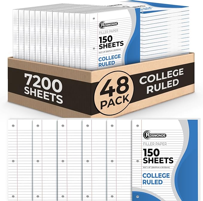 Loose Leaf Paper Bulk, 7200 Sheets, 48 Pack, College Ruled Sheets, 8 x 10.5", 150 Sheets/Pack, 3 Hole Punch, Bulk Notebook Paper, Filler Sheets, Fits Standard Binders, Fights Ink Bleed, White-DeskLoop Office