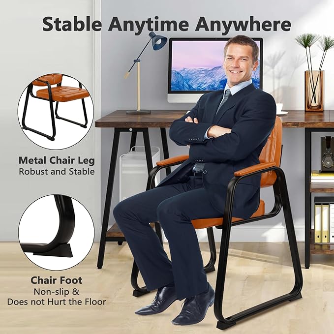 CLATINA Office Guest Chair, Leather Reception Chairs with Padded Arms, Desk Chair No Wheels Stationary for Conference Lobby Waiting Room Training Side Elderly, Set of 4-Orange-DeskLoop Office