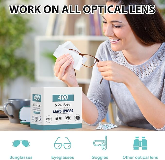 400 Count Lens Wipes for Eyeglasses, Eyeglass Lens Cleaning Wipes Pre-moistened Individually Wrapped Sracth-Free Streak-Free Eye Glasses Cleaner Wipes for Sunglass, Camera Lens, Goggles-DeskLoop Office