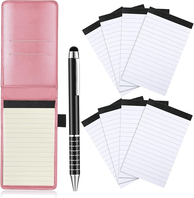 Outus 10 Pcs Pocket Notebook with Pen Set Included Mini Pocket Notepad Holder with 50 Lined Sheets, Metal Pen, 8 Pcs 3 x 5 Inch Memo Book Refills, 30 Lined Paper Per Note Pad (Pink)-DeskLoop Office