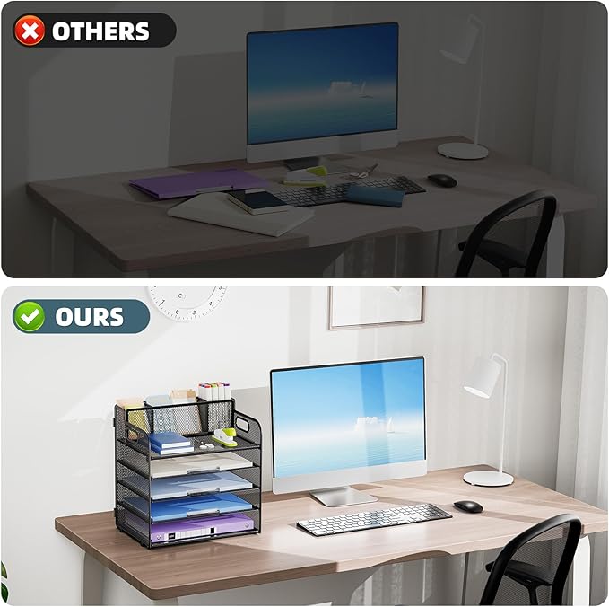 Marbrasse 5 Tier Paper Organizer with 3 Pen Holders, Mesh Desk File Organizer with Handle, Paper Sorter Desk Organizer for Home Office Supplies(Black)-DeskLoop Office