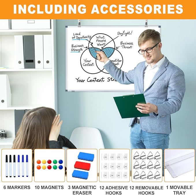 H-Qprobd White Board Dry Erase Whiteboard for Wall 24x18 (3pcs) Magnetic Boards for Office Classroom & Home, Small Wall Whiteboard Including 6 Markers, 10 Magnets, 2 Erasers & 15 Adhesive Hooks-DeskLoop Office