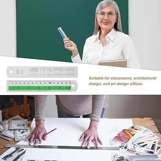 HARFINGTON 4pcs Metal Straight Ruler 15cm Metric SAE Aluminum Alloy Measuring Rulers Scale Tool with Hole for Measure Study Reading Classroom Office, Green-DeskLoop Office