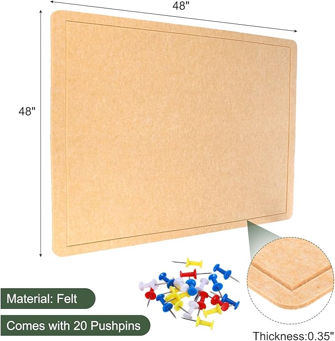 YOKIVE Felt Bulletin Board, 48 x 48 -Inch Foldable Decorative Pin Board Self Adhesive Felt Cork Board with 20 Pushpins, Great for Wall, Photo Display, Paste Note, Schedule(Beige Brown)-DeskLoop Office
