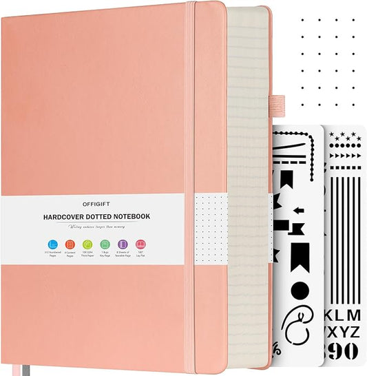 Dotted Journal Notebook, 312 Numbered Pages Large B5 Hardcover Leather Notebook, 100gsm No Bleed Paper Dot Grid Notebook with Index Pages, Dot Journal for Women Men, 7.6'' X 10'', Pink-DeskLoop Office