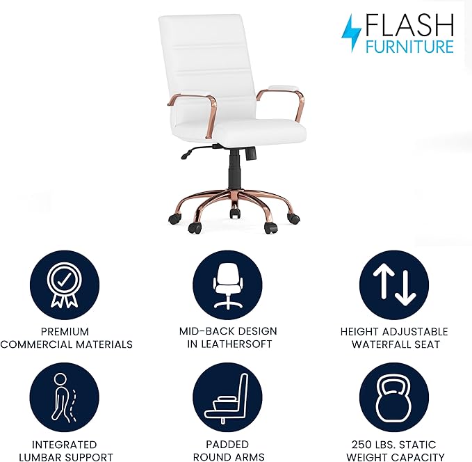Flash Furniture Whitney Mid-Back Swivel LeatherSoft Desk Chair with Padded Seat and Armrests, Adjustable Height Padded LeatherSoft Office Chair, White/Rose Gold-DeskLoop Office