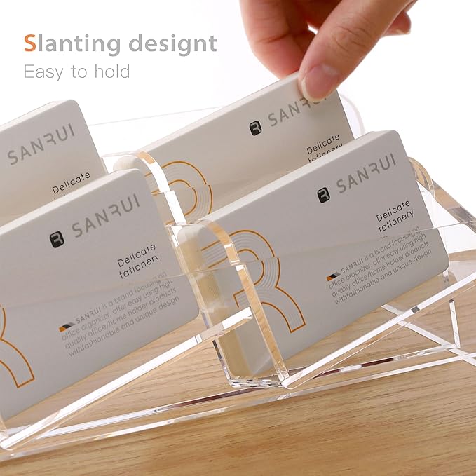 SANRUI Business Card Holder for Desk, Slant Clear Acrylic Desktop Cards Organizer, 2 Tier 4 Slots, Holds 240 Cards-DeskLoop Office