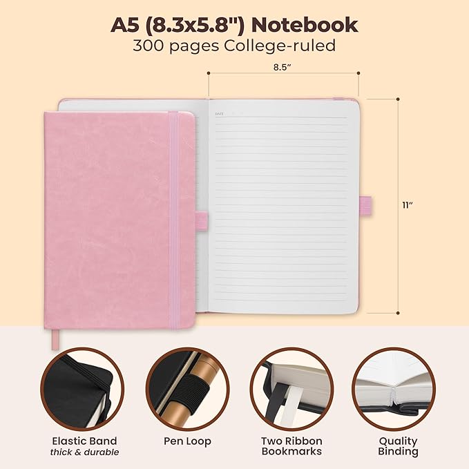 Lined Leather Bound Journal Notebook, A5 Hardcover - Pink 5.8x8.3" - Thick 300 Pages College Ruled Paper Journals for Men and Women - Personal and Professional Note Book for Writing & Journaling-DeskLoop Office