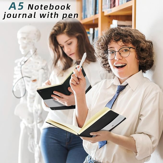 Coopay 12 Pack A5 Journal Notebook with 12 White Pens Bulk Classic Ruled Hardcover Leather Journal Set with Pen Holder for Men Women Writing Office Home School Business, 100GSM, 8.3” x 5.5” (Black)-DeskLoop Office