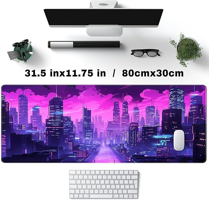 Desk Pad Cyberpunk Purple Desk Mat City Skyline Gaming Extended Mouse Pad Big Office Keyboard Pc Laptop for Women Large Mousepad with Stitched Eges Non-Slip Base Mouse Keyboard Mat 31.5x11.8 in-DeskLoop Office