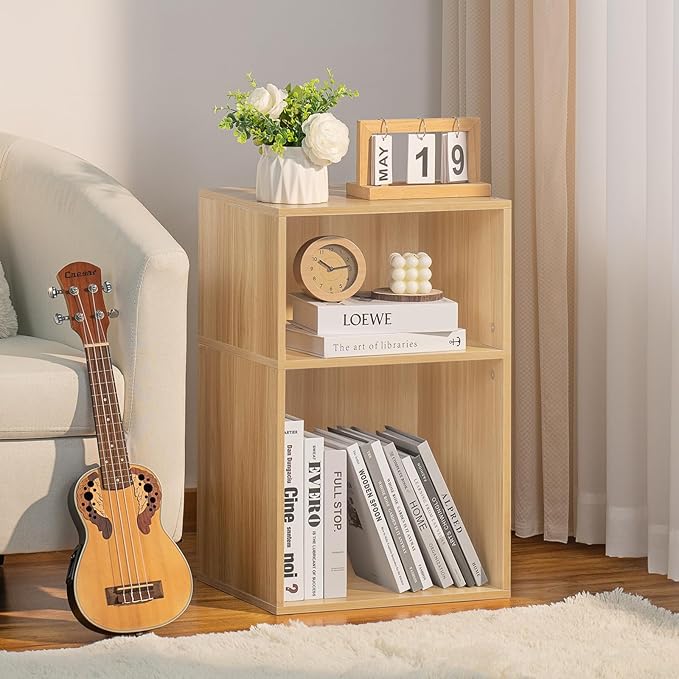 LEYAOYAO 2 Cube Bookshelf,Natural Record Player Stand Holds up to 100 Albums, Mini Wood Book Shelf Storage Organizer,Turntable Stand with Vinyl Storage Cabinet, Narrow Open Bookcase for Small Spaces-DeskLoop Office